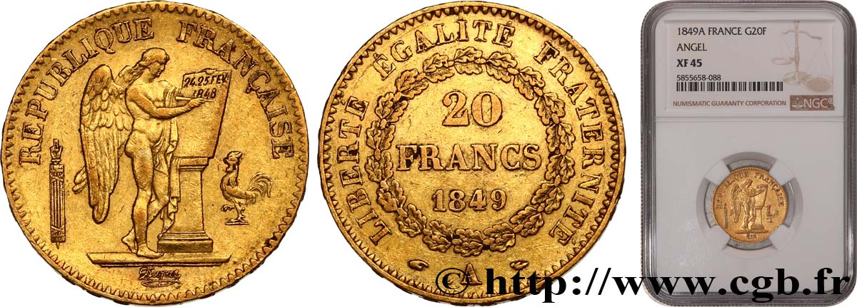 20 francs or Génie, IIe République 1849 Paris F.528/2 XF45 NGC