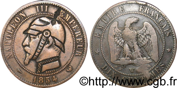 Dix centimes Napoléon III, tête nue, satirique 1854 Lille F.133/17 TTB40