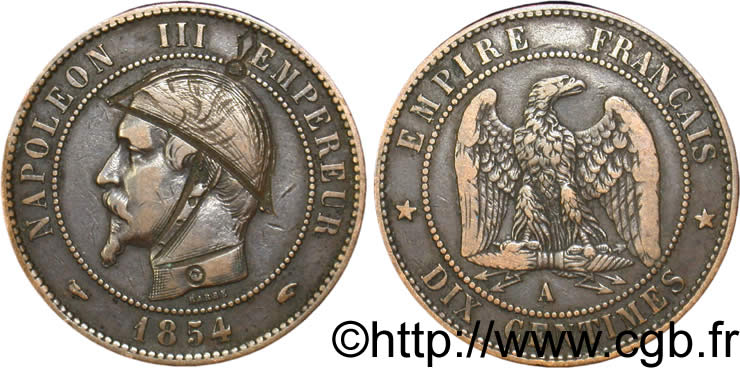 Dix centimes Napoléon III, tête nue, satirique 1854 Paris F.133/11 TTB45