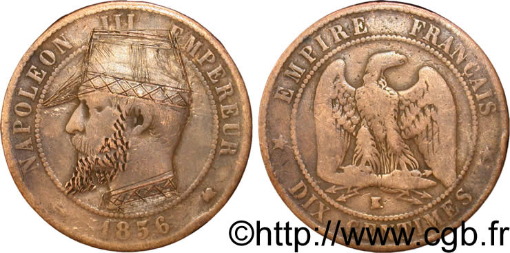 Dix centimes Napoléon III, tête nue, satirique 1856 Bordeaux F.133/37 TB35