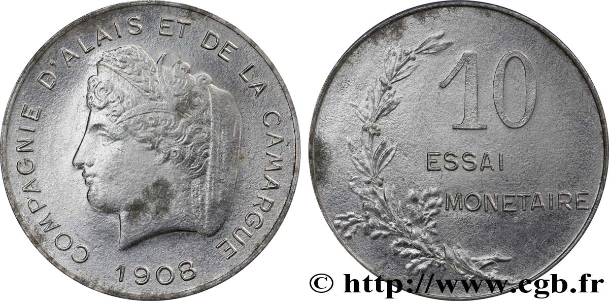 Essai en aluminium de 10 centimes, Compagnie d’Alais et de la Camargue 1908 VG.4612 SUP58