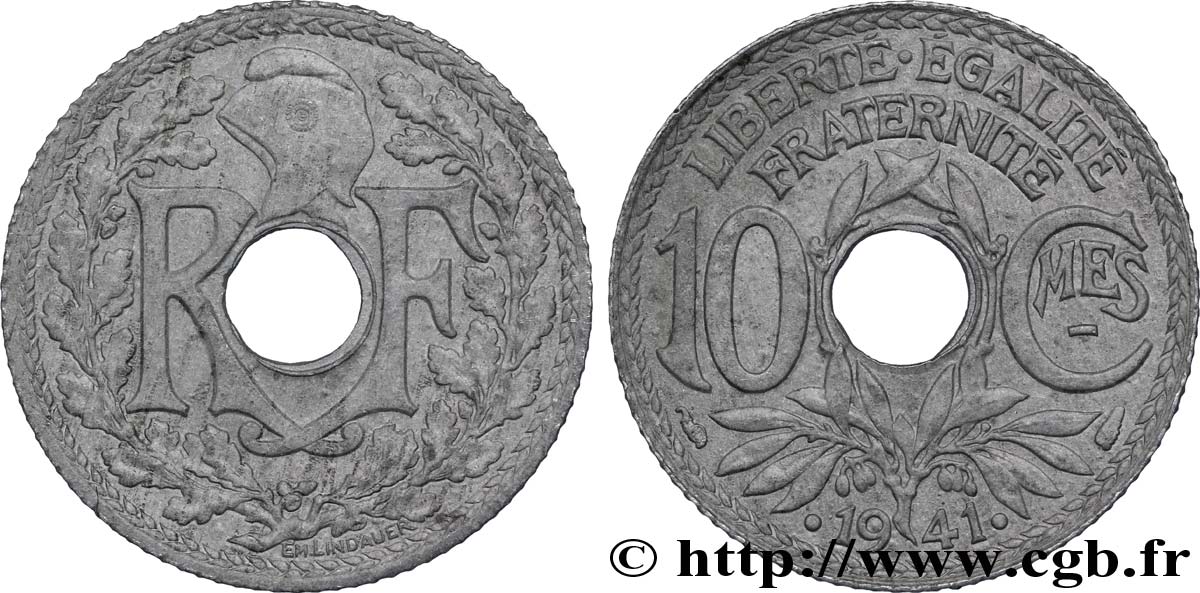 10 centimes Lindauer en zinc, Cmes souligné et millésime avec points 1941  F.140/2 TTB48 