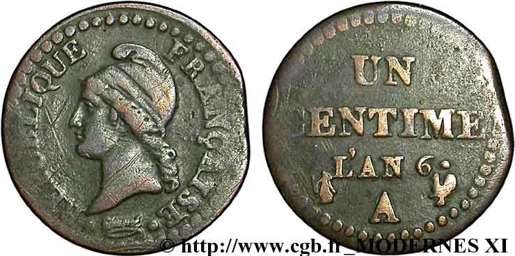 Un centime Dupré, 6 normal, flan mal découpé 1798 Paris F.100/3 TB20