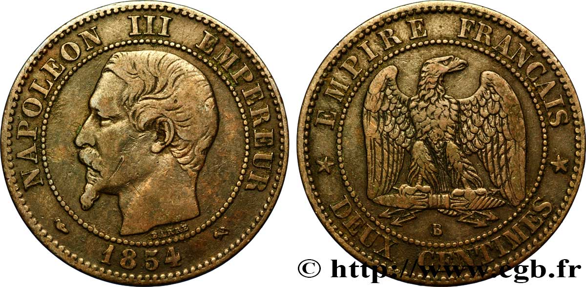 Deux centimes Napoléon III, tête nue 1854 Rouen F.107/10 TB35 