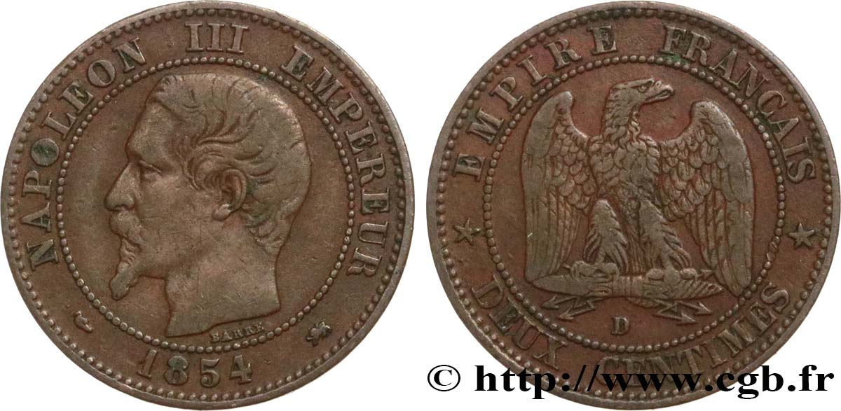 Deux centimes Napoléon III, tête nue 1854 Lyon F.107/15 TTB40 