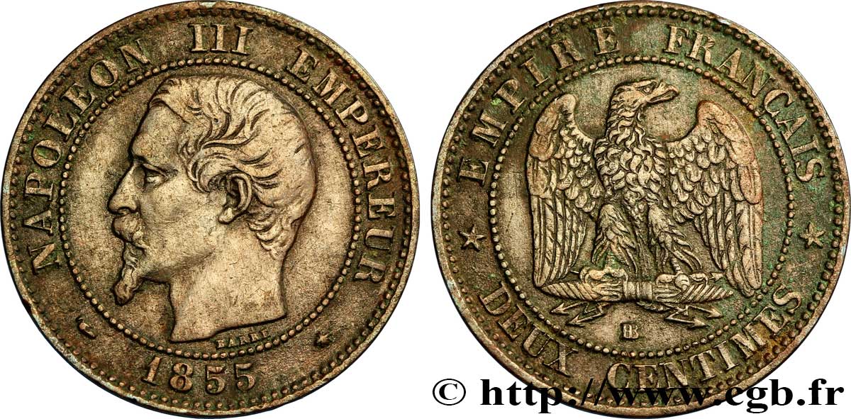 Deux centimes Napoléon III, tête nue 1855 Strasbourg F.107/23 MB35 
