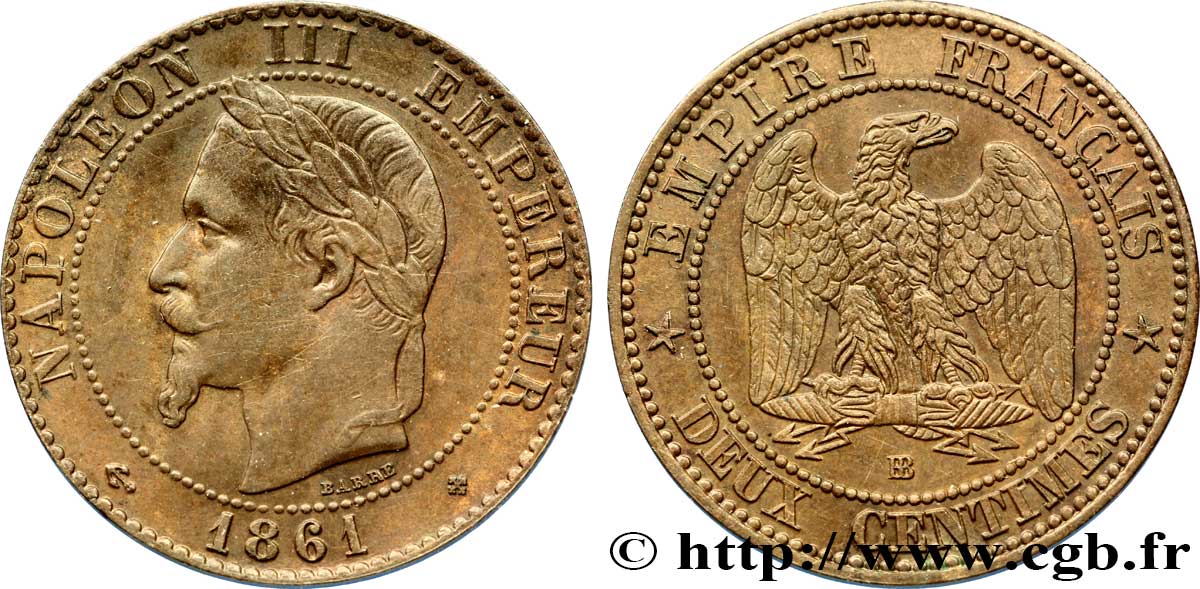 Deux centimes Napoléon III, tête laurée, buste provisoire 1861 Strasbourg F.108/2 SUP58 