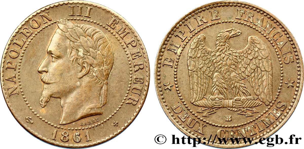 Deux centimes Napoléon III, tête laurée, buste provisoire 1861 Strasbourg F.108/2 TTB48 