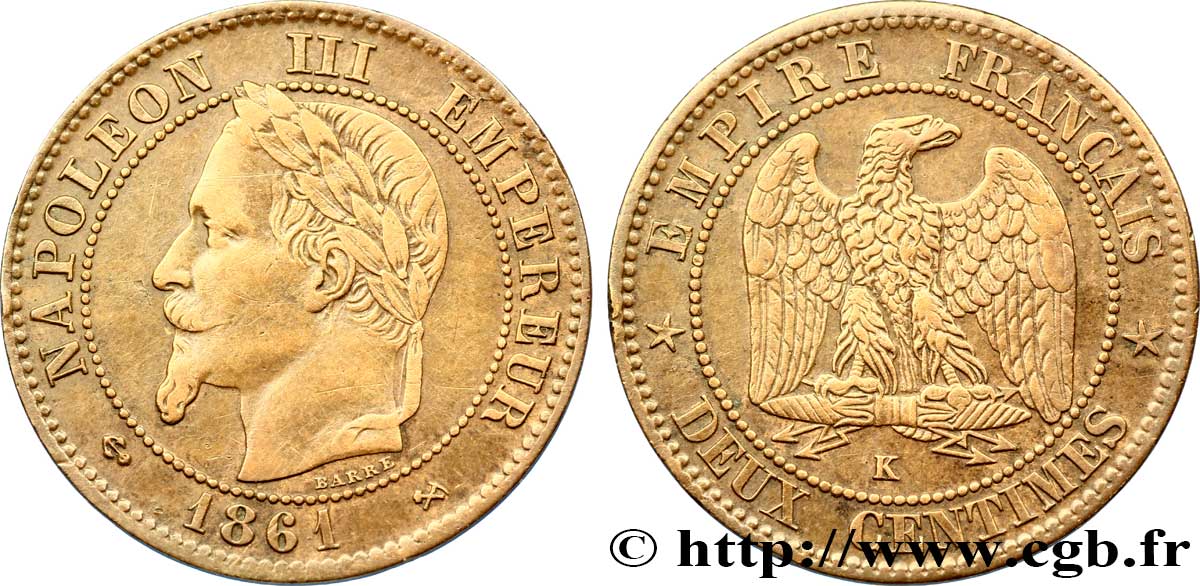 Deux centimes Napoléon III, tête laurée 1861 Bordeaux F.108A/3 TB35 