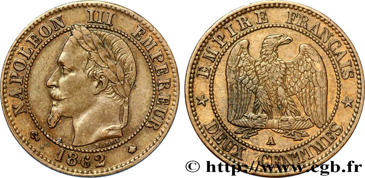 Deux centimes Napoléon III, tête laurée 1862 Paris F.108A/4 BB40 
