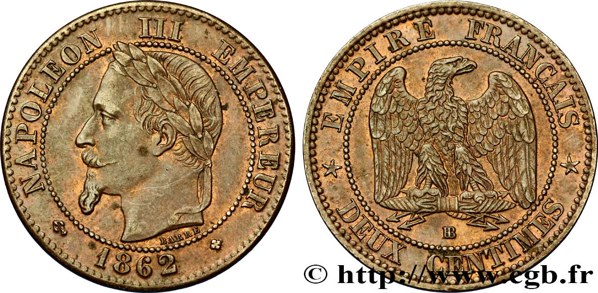 Deux centimes Napoléon III, tête laurée, buste définitif 1862 Strasbourg F.108A/5 TTB54 