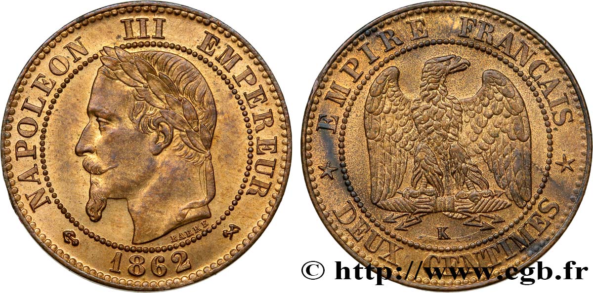 Deux centimes Napoléon III, tête laurée, buste définitif 1862 Bordeaux F.108A/7 fST63 