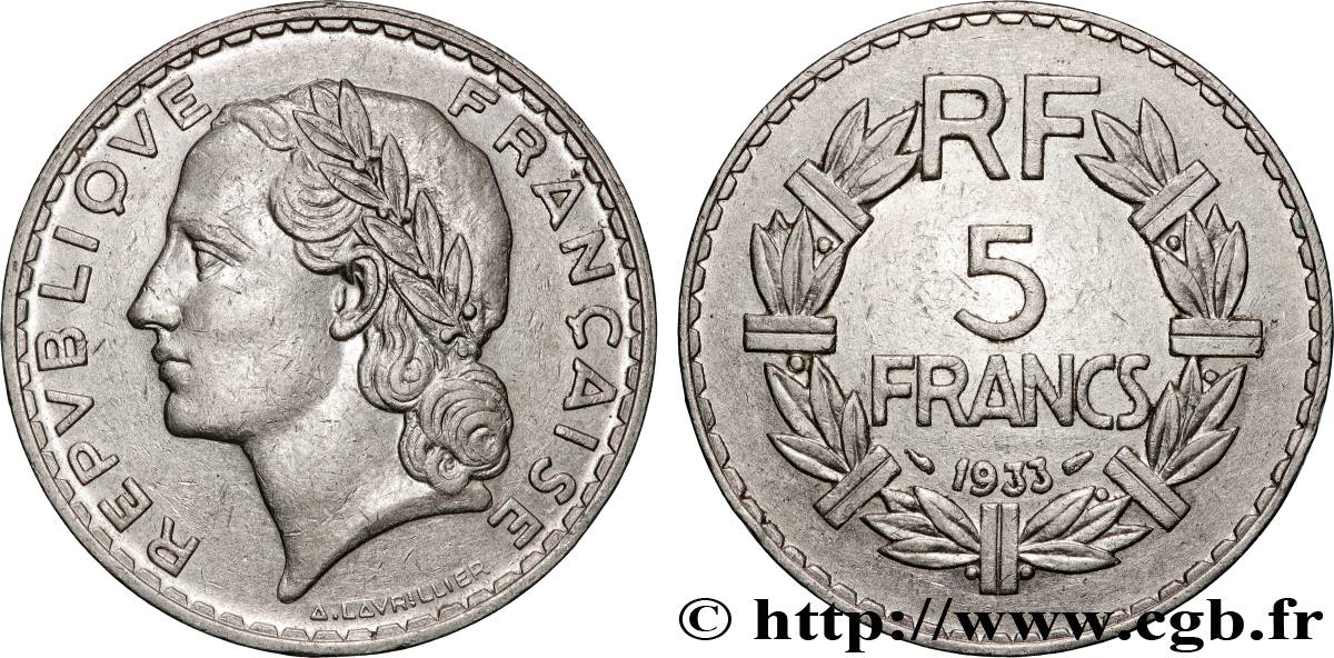 5 francs Lavrillier, nickel 1933  F.336/2 TTB