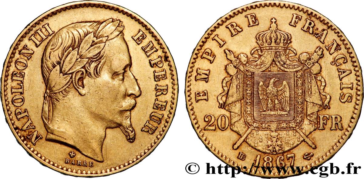 20 francs or Napoléon III, tête laurée 1867 Strasbourg F.532/16 TTB