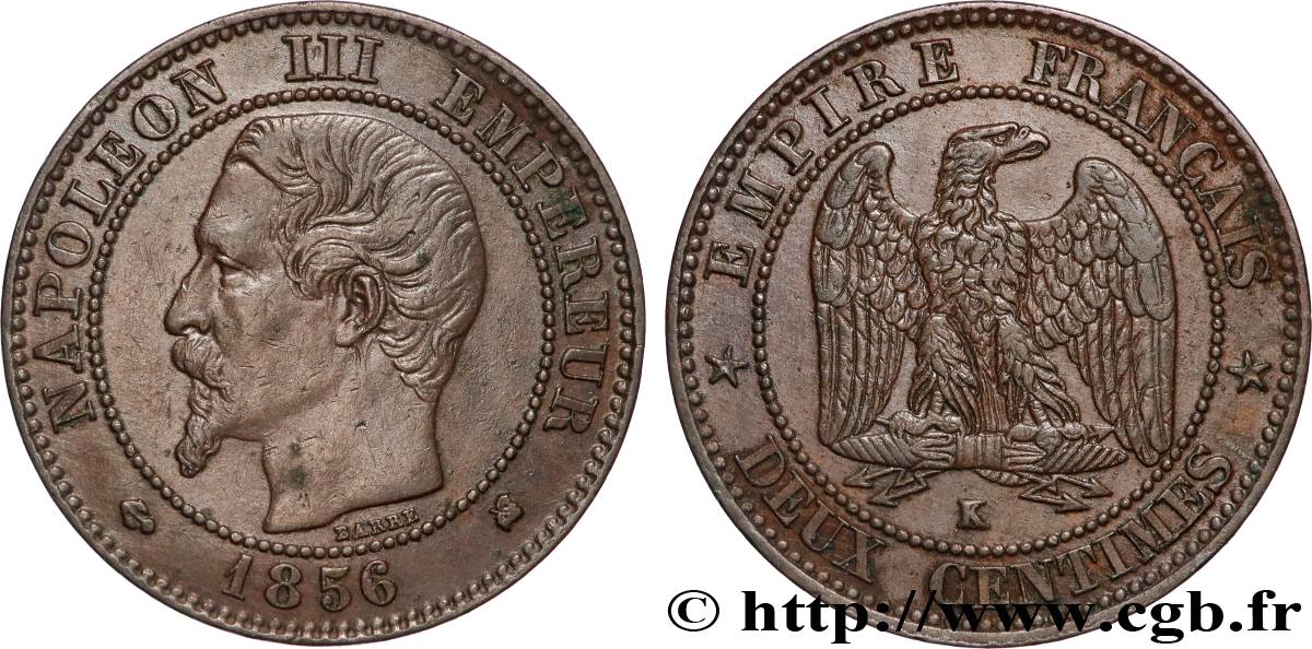 Deux centimes Napoléon III, tête nue 1856 Bordeaux F.107/41 TTB+