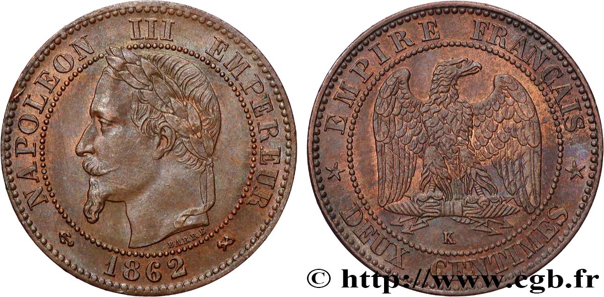 Deux centimes Napoléon III, tête laurée 1862 Bordeaux F.108A/7 TTB