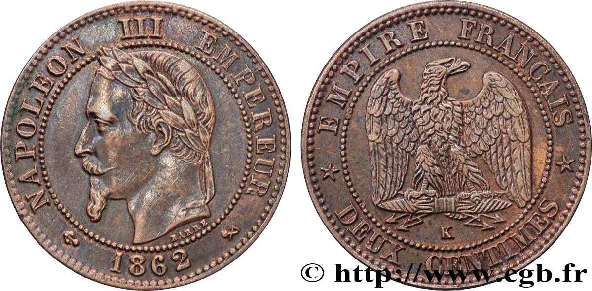 Deux centimes Napoléon III, tête laurée 1862 Bordeaux F.108A/7 TTB