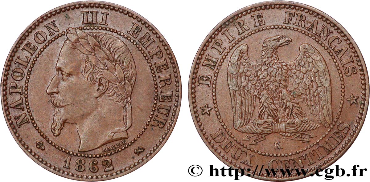 Deux centimes Napoléon III, tête laurée 1862 Bordeaux F.108A/7 TTB