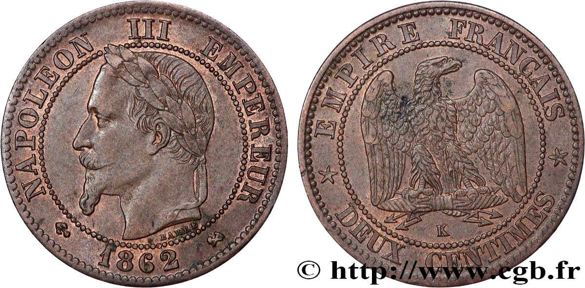 Deux centimes Napoléon III, tête laurée 1862 Bordeaux F.108A/7 TTB