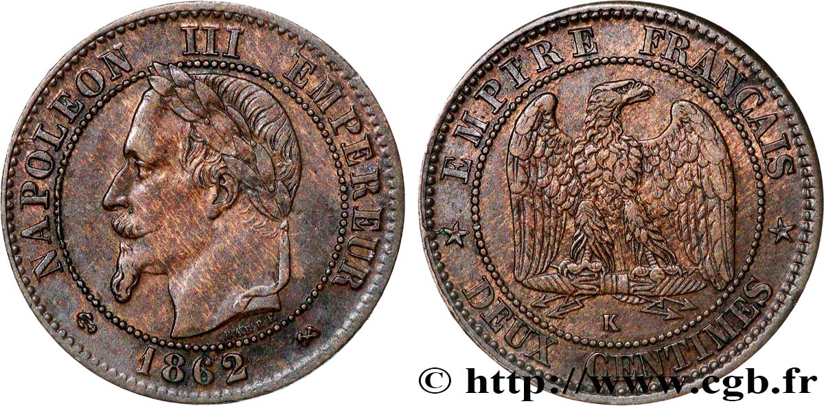 Deux centimes Napoléon III, tête laurée 1862 Bordeaux F.108A/7 TTB