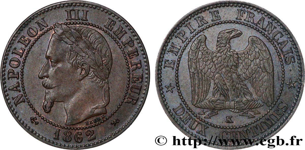 Deux centimes Napoléon III, tête laurée 1862 Bordeaux F.108A/7 TTB