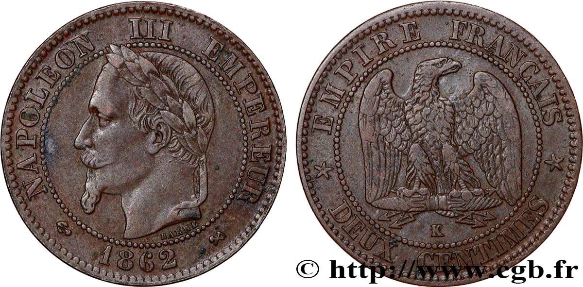 Deux centimes Napoléon III, tête laurée 1862 Bordeaux F.108A/7 TTB