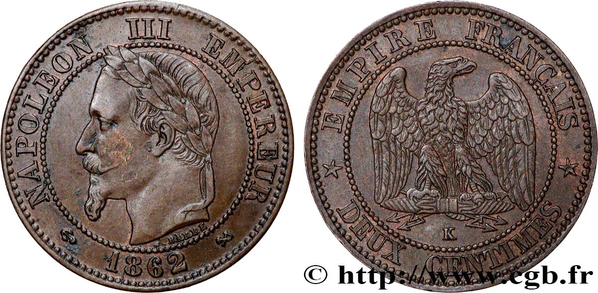 Deux centimes Napoléon III, tête laurée 1862 Bordeaux F.108A/7 TTB