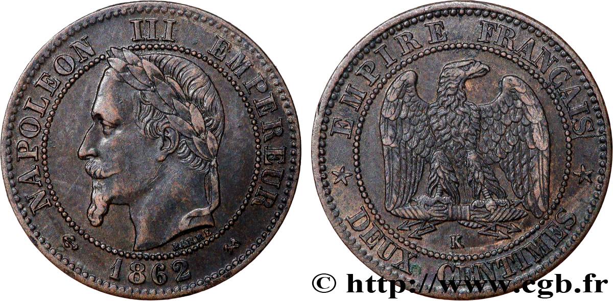 Deux centimes Napoléon III, tête laurée 1862 Bordeaux F.108A/7 TTB
