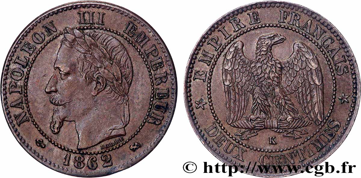 Deux centimes Napoléon III, tête laurée 1862 Bordeaux F.108A/7 MBC+