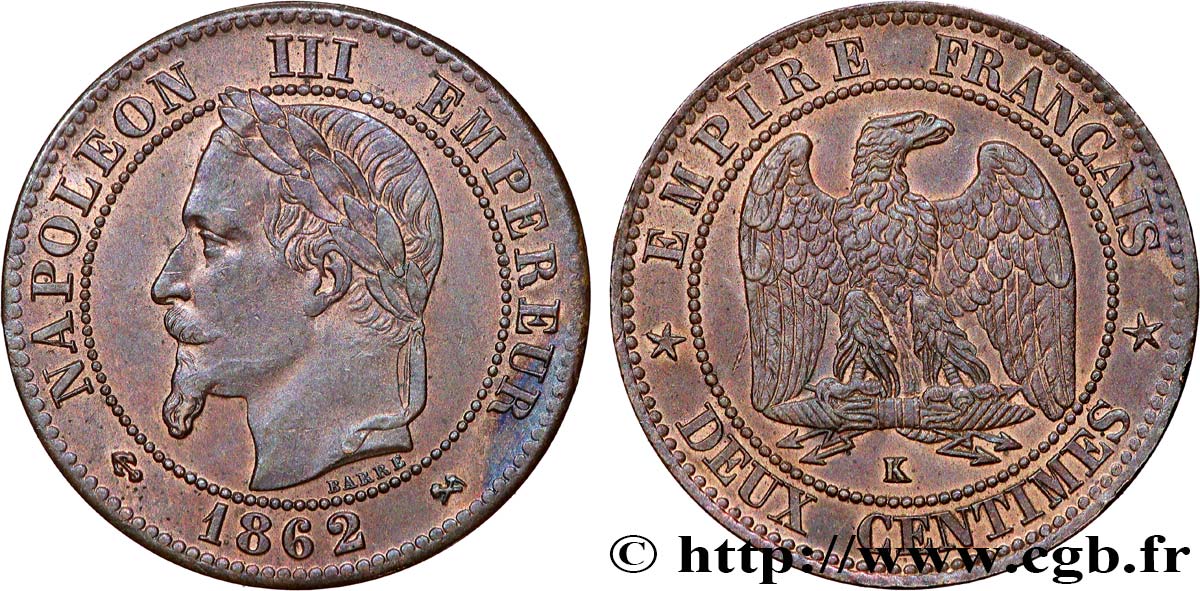 Deux centimes Napoléon III, tête laurée 1862 Bordeaux F.108A/7 q.SPL