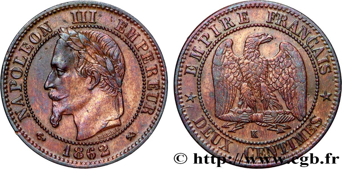 Deux centimes Napoléon III, tête laurée 1862 Bordeaux F.108A/7 AU
