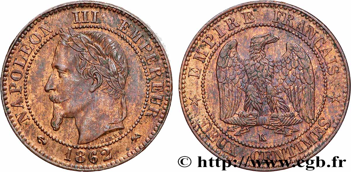 Deux centimes Napoléon III, tête laurée 1862 Bordeaux F.108A/7 EBC