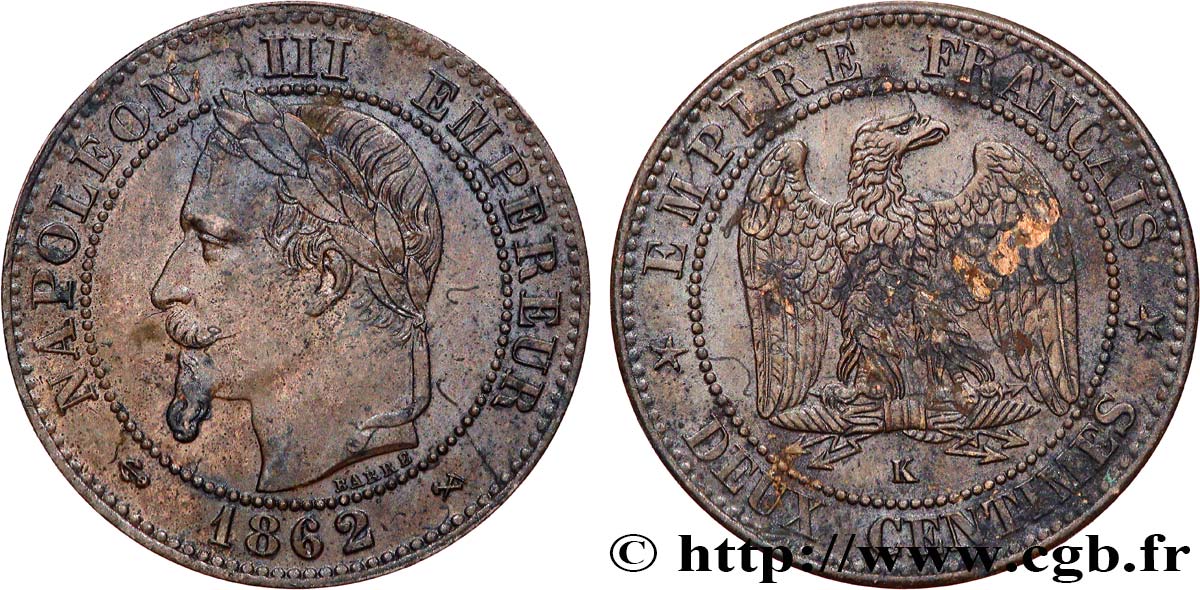 Deux centimes Napoléon III, tête laurée 1862 Bordeaux F.108A/7 AU