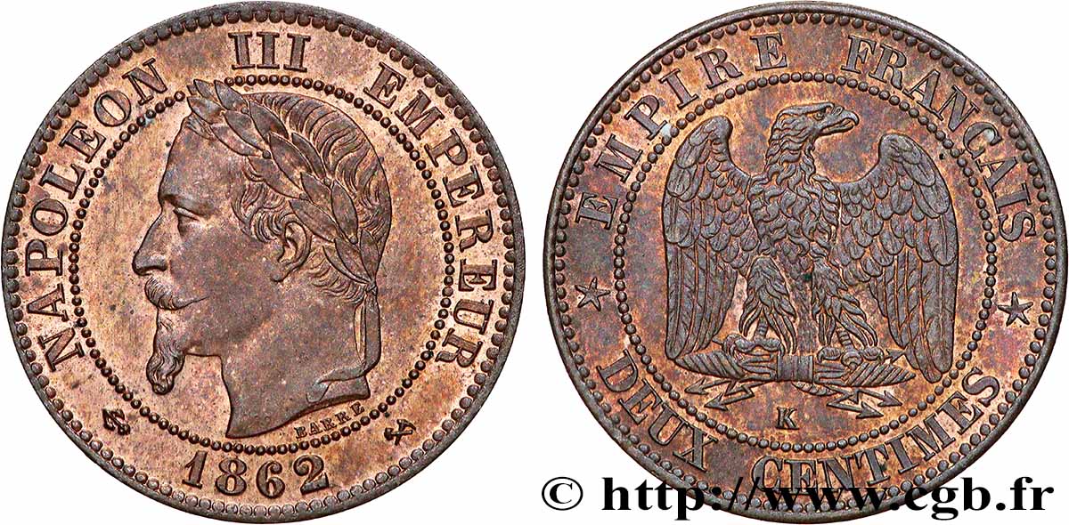 Deux centimes Napoléon III, tête laurée 1862 Bordeaux F.108A/7 SPL