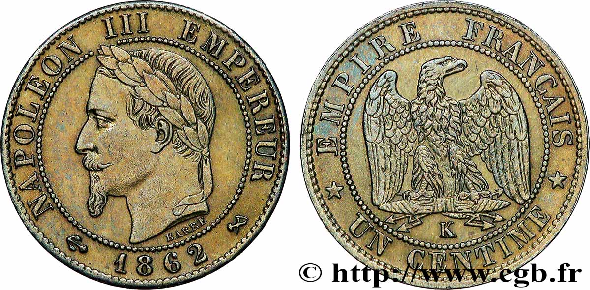 Un centime Napoléon III, tête laurée 1862 Bordeaux F.103/7 SUP