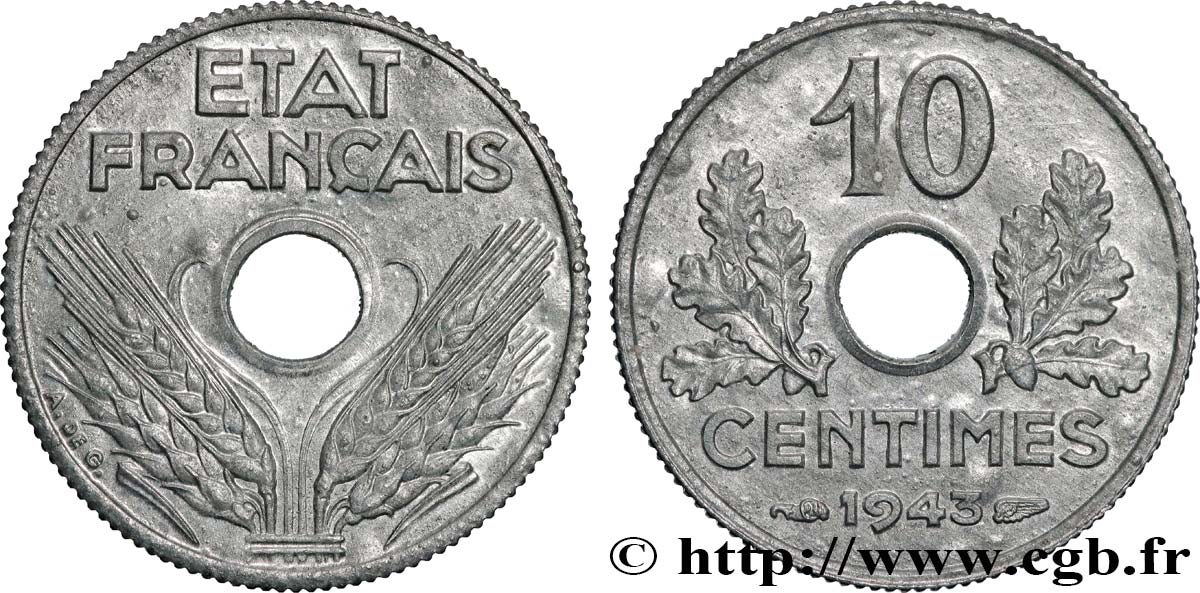10 centimes État français, petit module 1943  F.142/2 SPL64