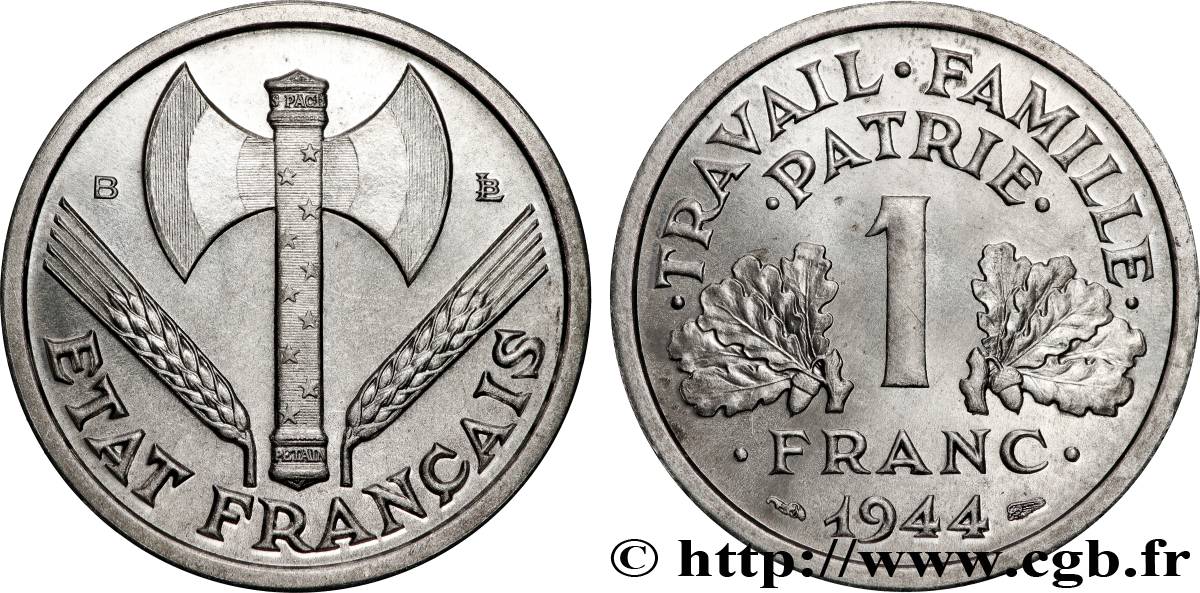 1 franc Francisque, légère 1944 Beaumont-Le-Roger F.223/6 MS63