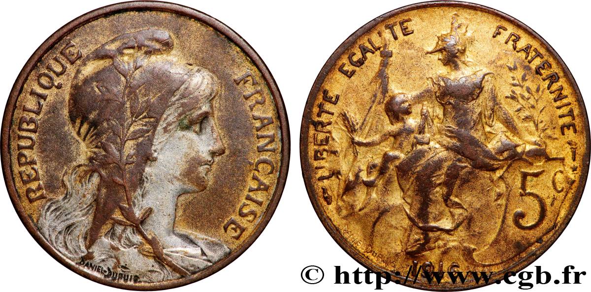 5 centimes Daniel-Dupuis, argenté et doré 1916 F.119/29 var. TTB+