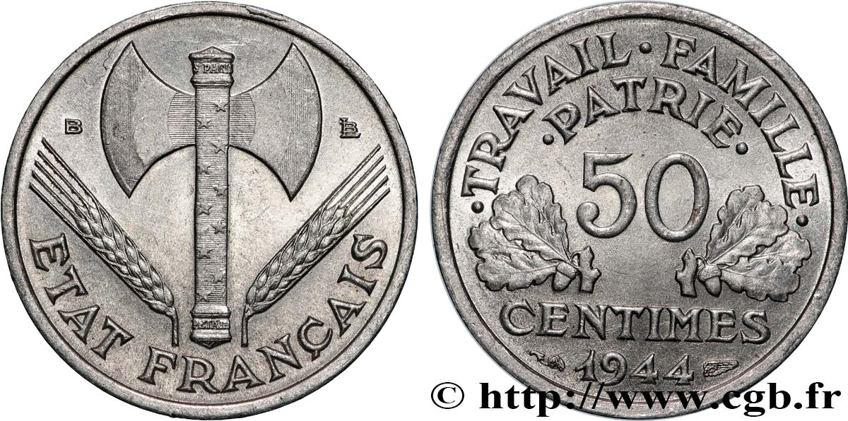 50 centimes Francisque, légère 1944 Beaumont-Le-Roger F.196/5 MS