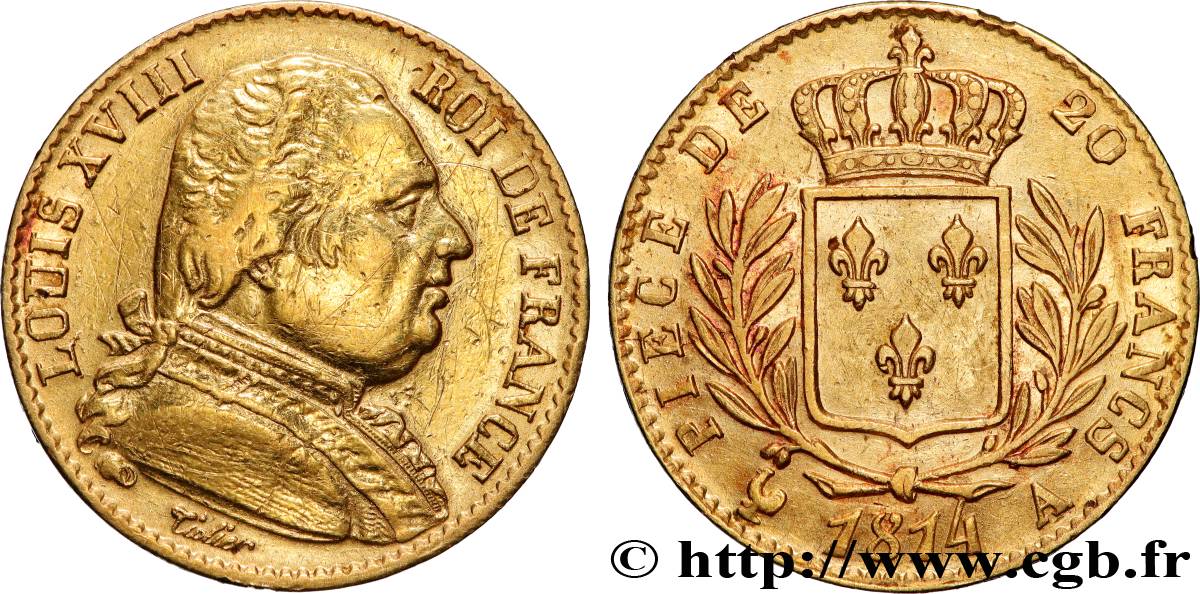 20 francs or Louis XVIII, buste habillé 1814 Paris F.517/1 TB+