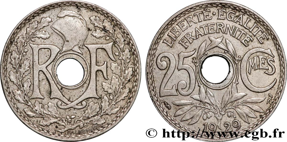 25 centimes Lindauer, Fautée Petite perforation 1929  F.171/13 var. TTB