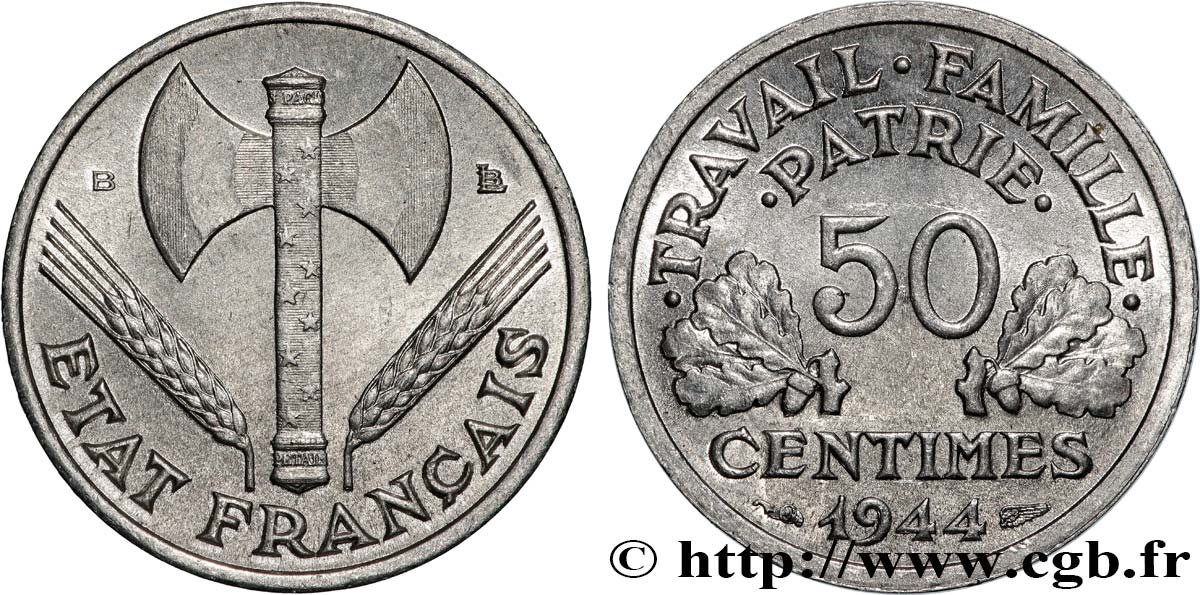 50 centimes Francisque, légère 1944 Beaumont-Le-Roger F.196/5 VZ62