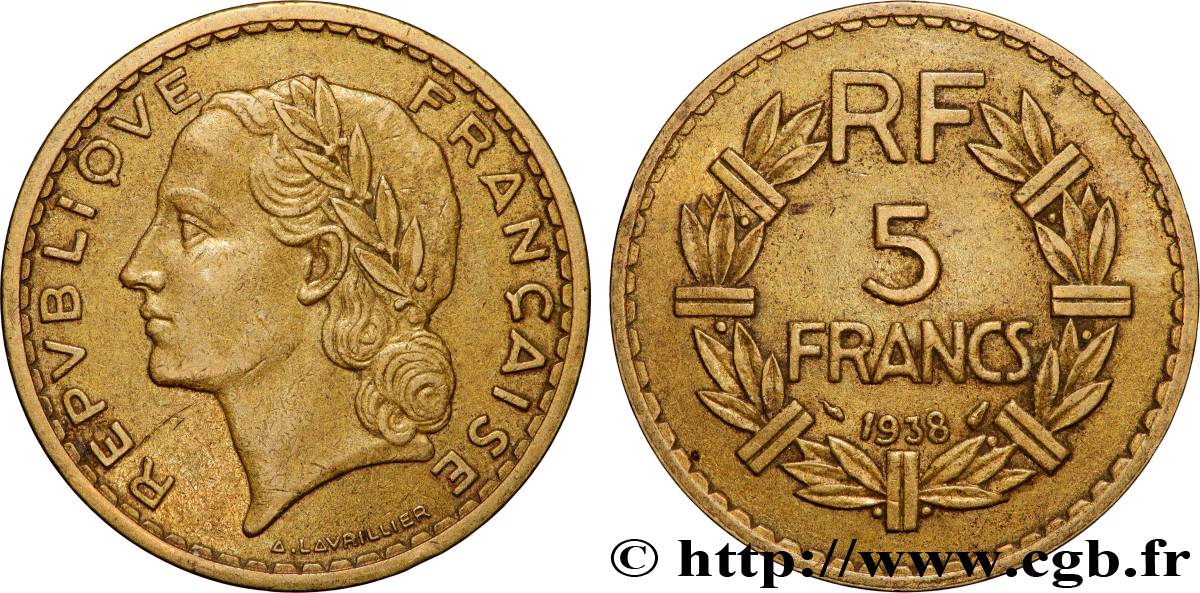 5 francs Lavrillier en bronze-aluminium 1938 F.337/1 TB+