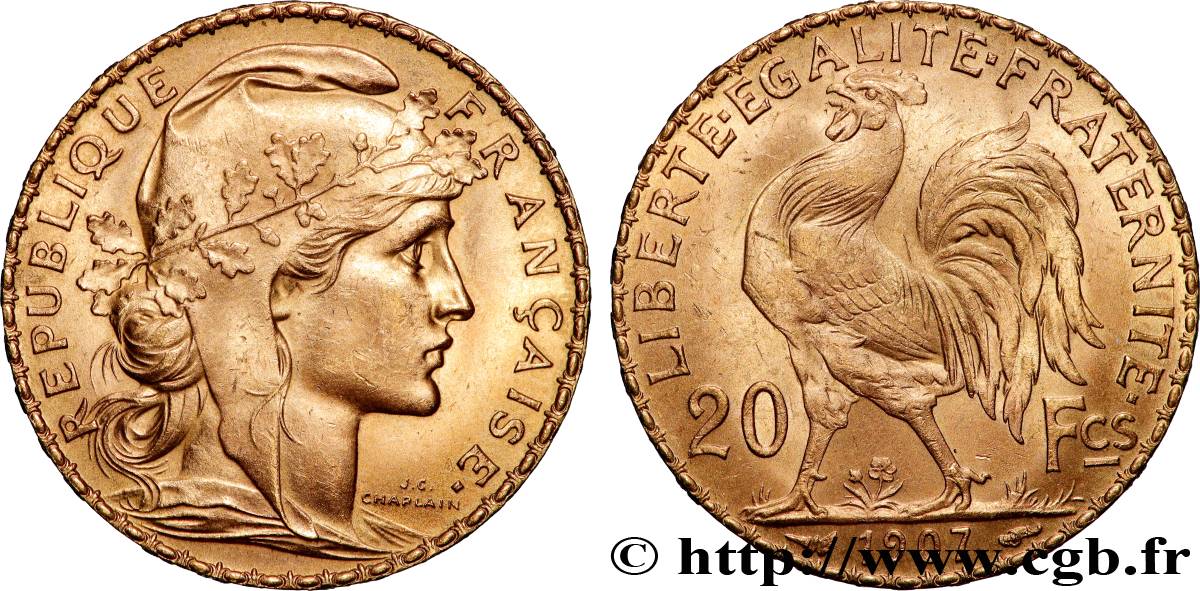 20 francs or Coq, Liberté Égalité Fraternité 1907 Paris F.535/1 SUP+