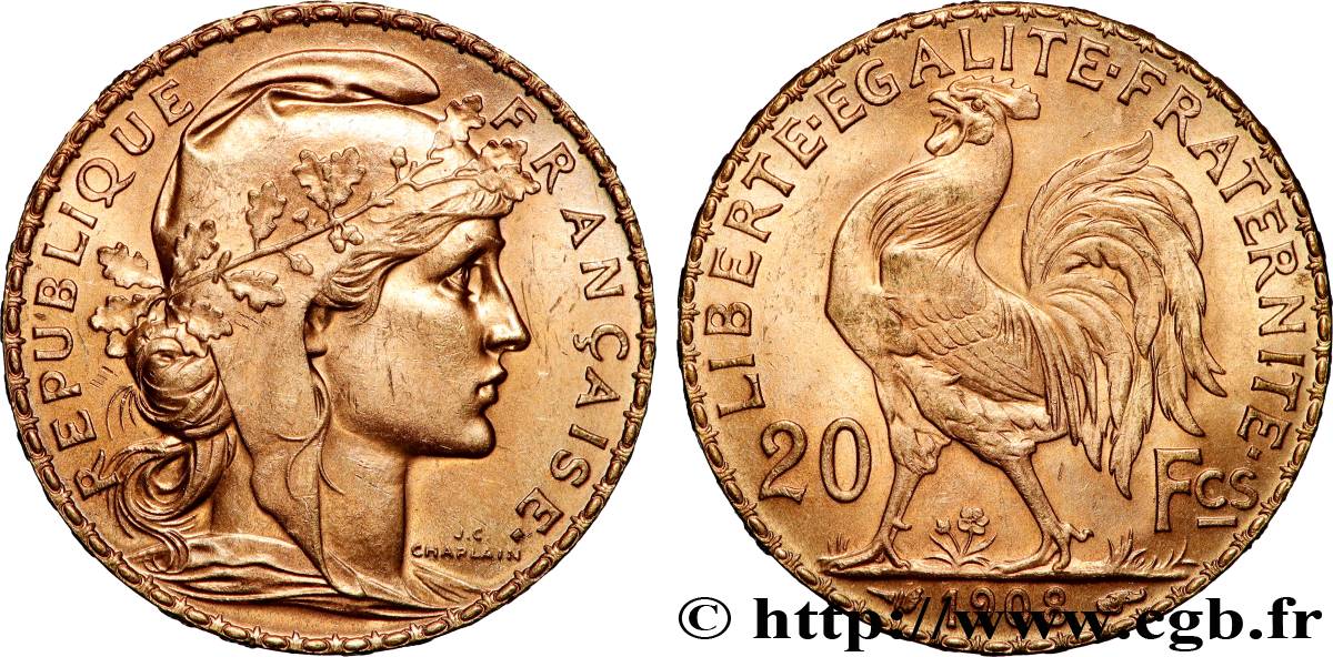 20 francs or Coq, Liberté Égalité Fraternité 1908 Paris F.535/2 SPL