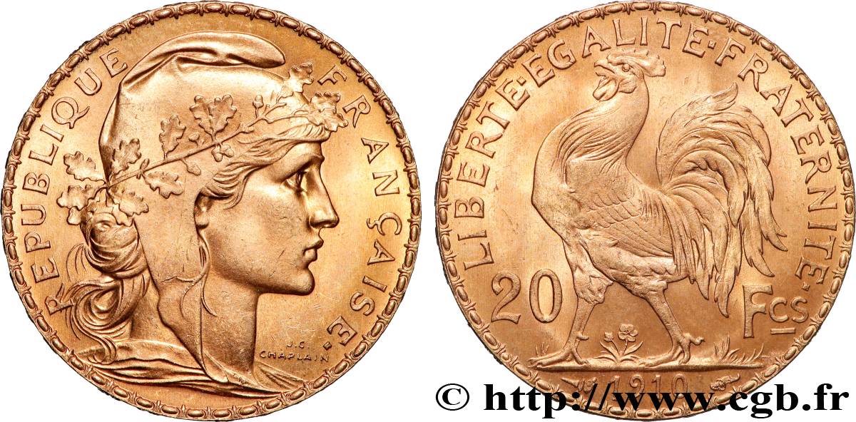 20 francs or Coq, Liberté Égalité Fraternité 1910 Paris F.535/4 SPL