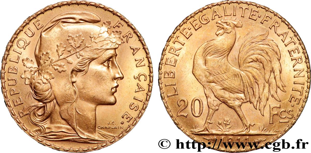 20 francs or Coq, Liberté Égalité Fraternité 1911 Paris F.535/5 MS