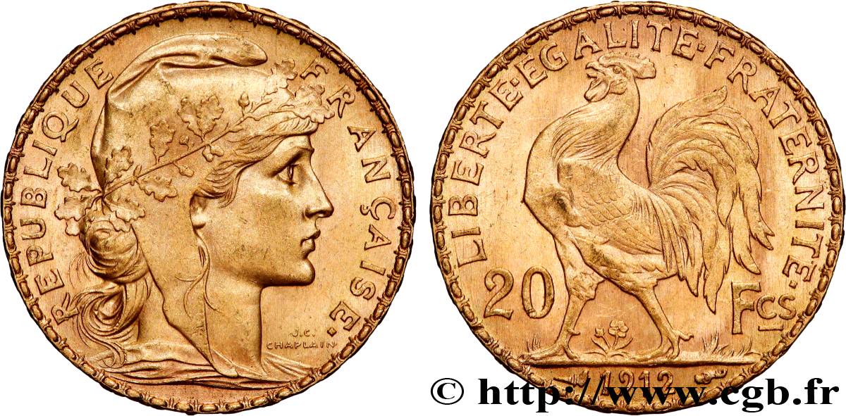 20 francs or Coq, Liberté Égalité Fraternité 1912 Paris F.535/6 SUP+