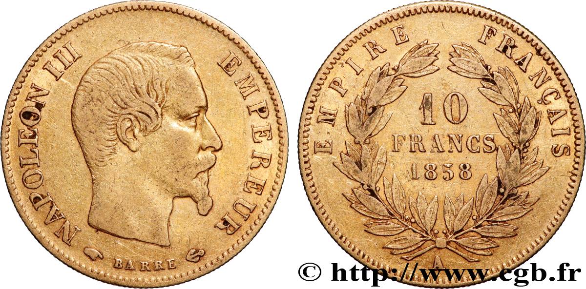 10 francs or Napoléon III, tête nue, grand module 1858 Paris F.506/5 TB+