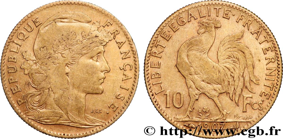 10 francs or Coq 1907 Paris F.509/8 SS
